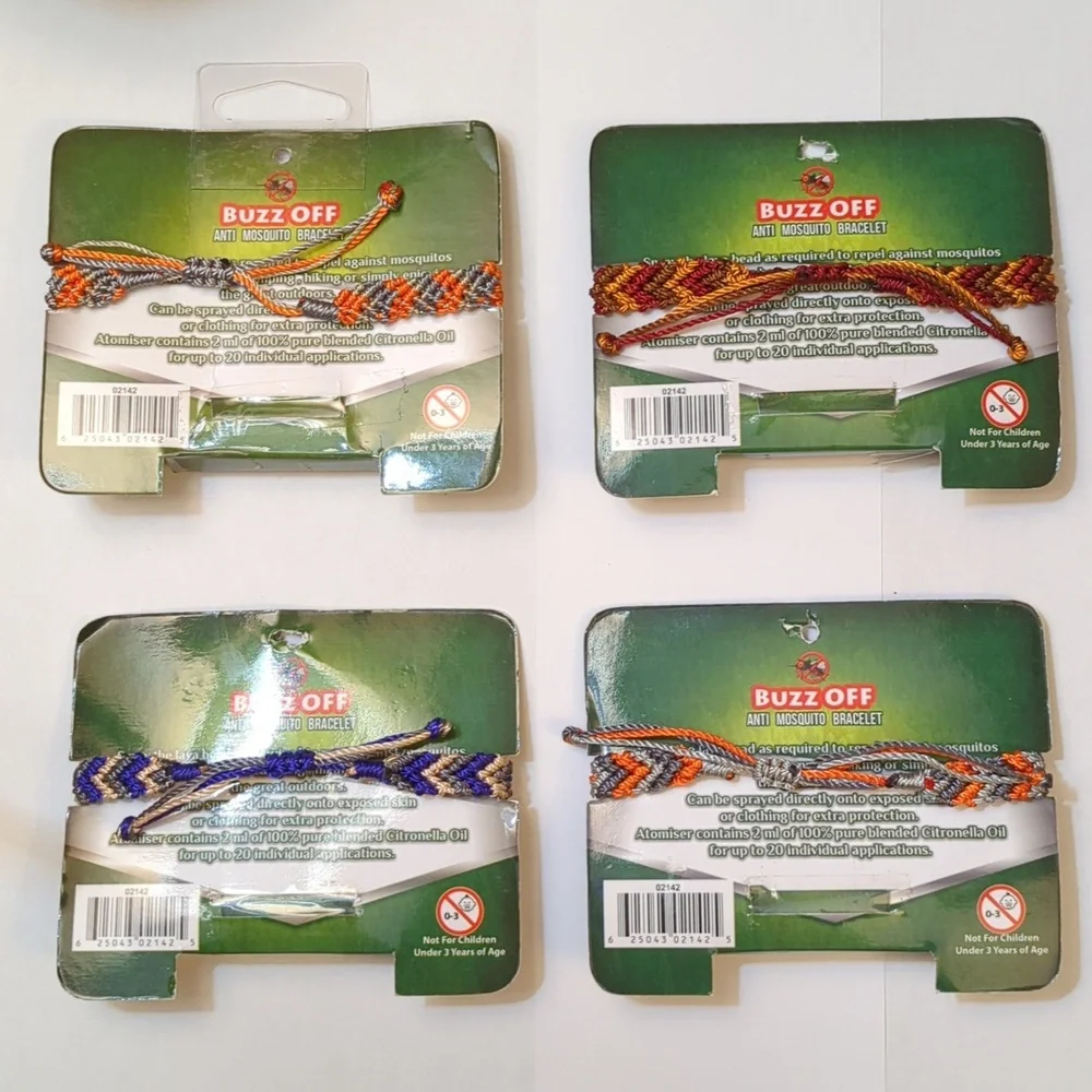 Four (4) Buzz Off Anti Mosquito Handmade Citronella Bracelet Sets
